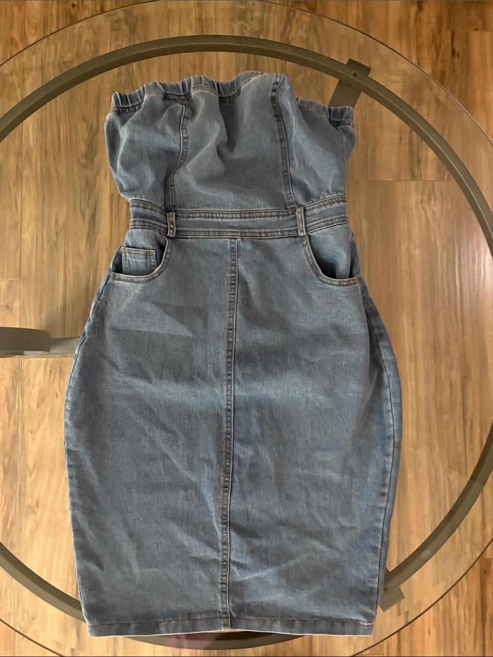 Denim Strapless Pencil Dress in Light Blue